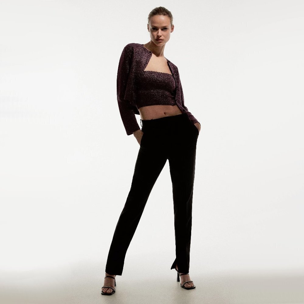 NWT Zara purple & black shimmery tinsel-like knit cropped cardigan sweater